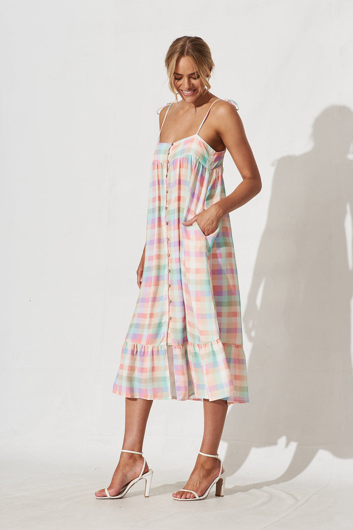Palma Midi Dress In Multi Check Gingham Linen Blend - side