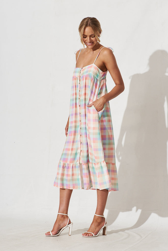 Palma Midi Dress In Multi Check Gingham Linen Blend - side