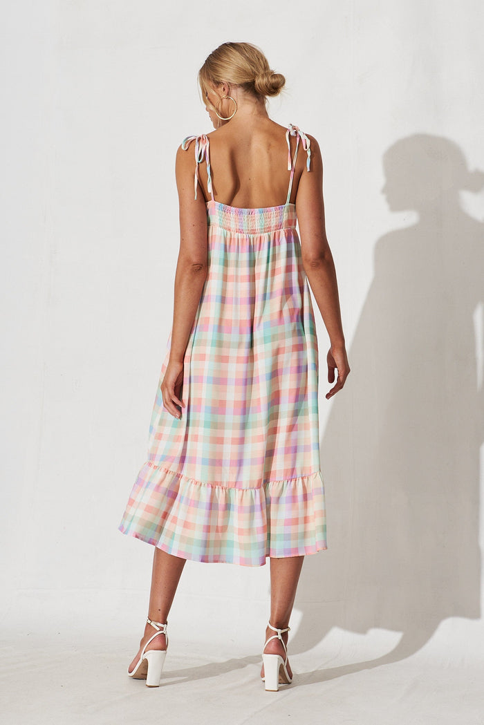 Palma Midi Dress In Multi Check Gingham Linen Blend - back
