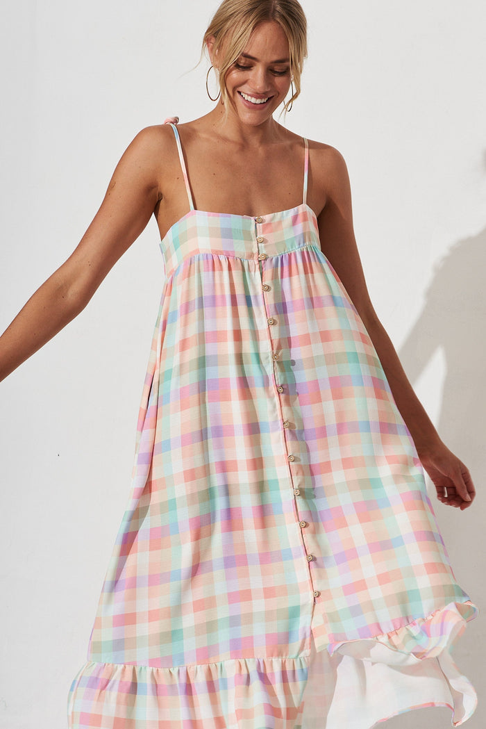 Palma Midi Dress In Multi Check Gingham Linen Blend - front