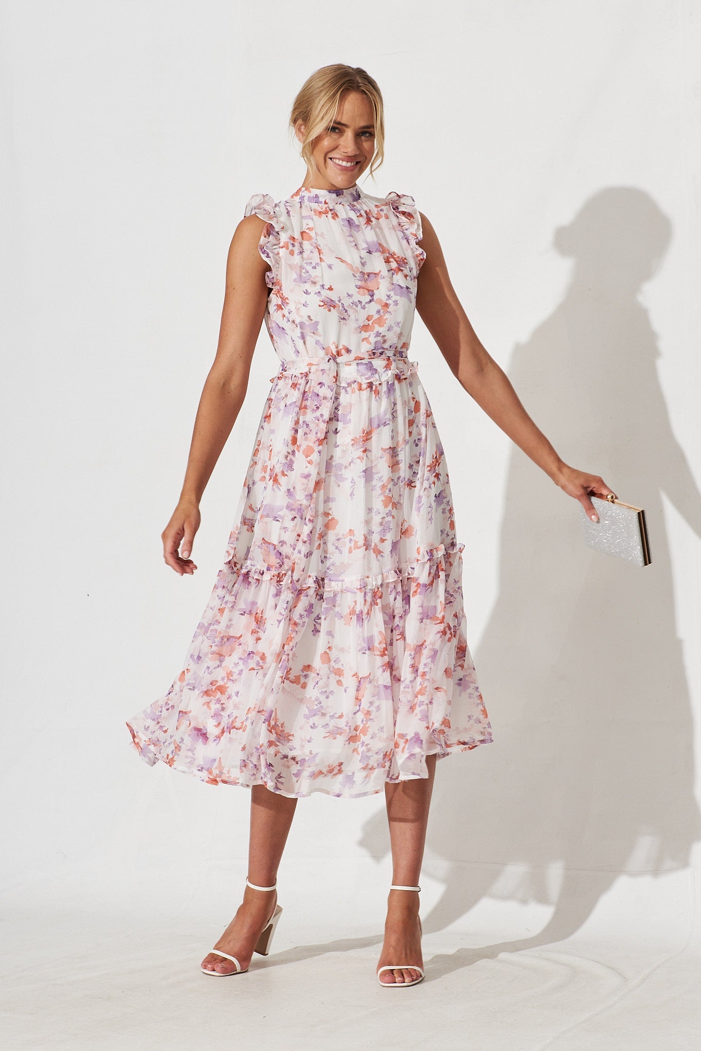 Gomera Midi Dress In White With Pink Floral Chiffon - full length