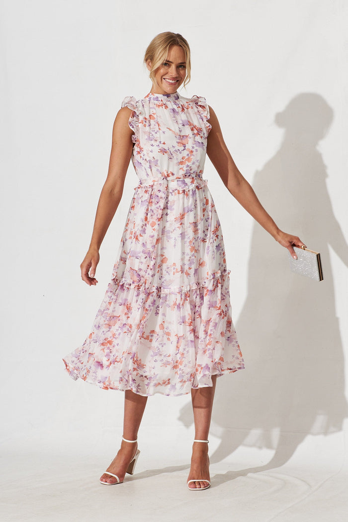 Gomera Midi Dress In White With Pink Floral Chiffon - full length