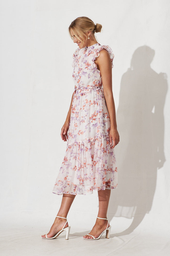 Gomera Midi Dress In White With Pink Floral Chiffon - side