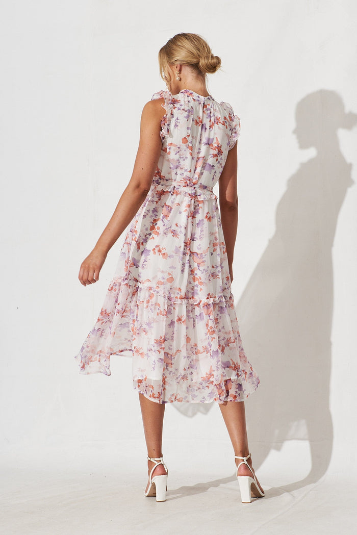 Gomera Midi Dress In White With Pink Floral Chiffon - back
