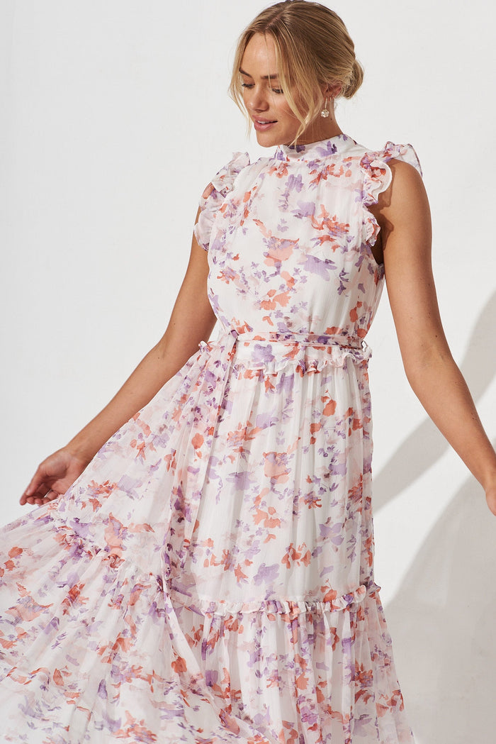 Gomera Midi Dress In White With Pink Floral Chiffon - front
