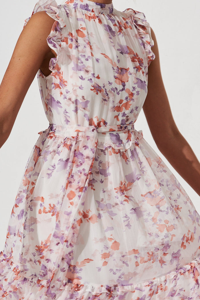 Gomera Midi Dress In White With Pink Floral Chiffon - detail