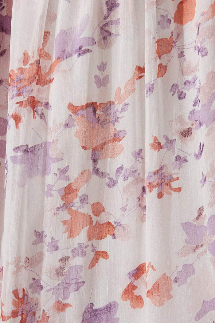 Gomera Midi Dress In White With Pink Floral Chiffon - fabric