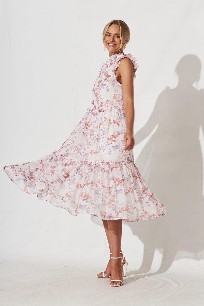 Gomera Midi Dress In White With Pink Floral Chiffon - side