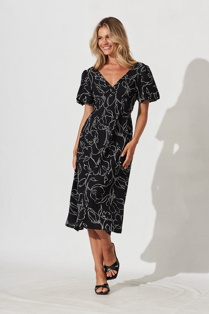 Vigo Midi Dress In Black With White Print - full length