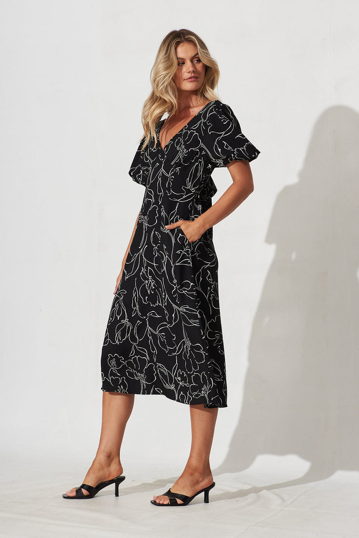Vigo Midi Dress In Black With White Print - side