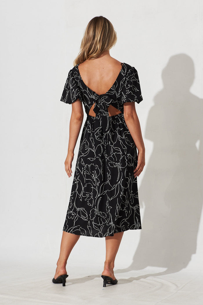 Vigo Midi Dress In Black With White Print - back