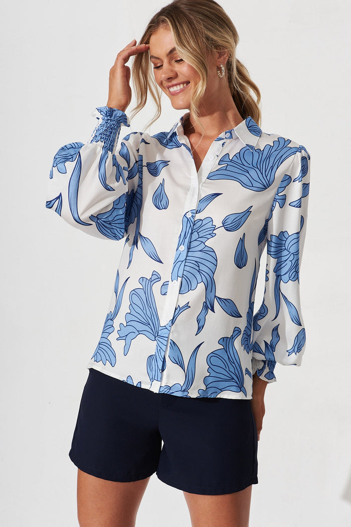Peterborough Shirt In White With Blue Floral - front