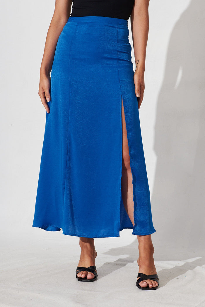Marfa Maxi Skirt In Cobalt Blue Satin - front