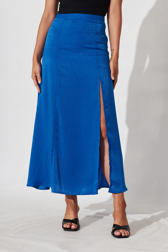 Marfa Maxi Skirt In Cobalt Blue Satin - front