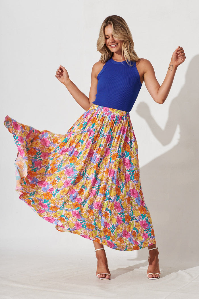 Eureka Maxi Skirt In Blush With Multi Floral - full length