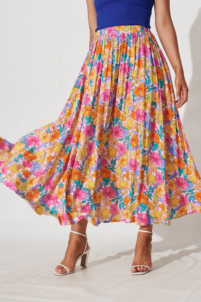 Eureka Maxi Skirt In Blush With Multi Floral - front