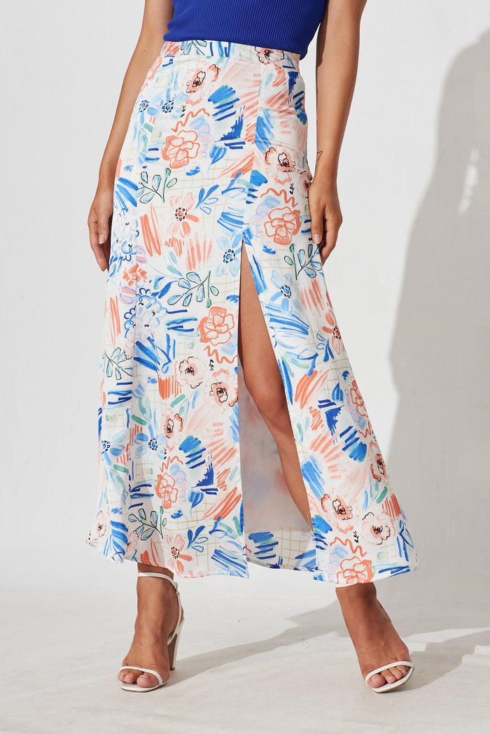 Marfa Maxi Skirt In White With Multi Print - front