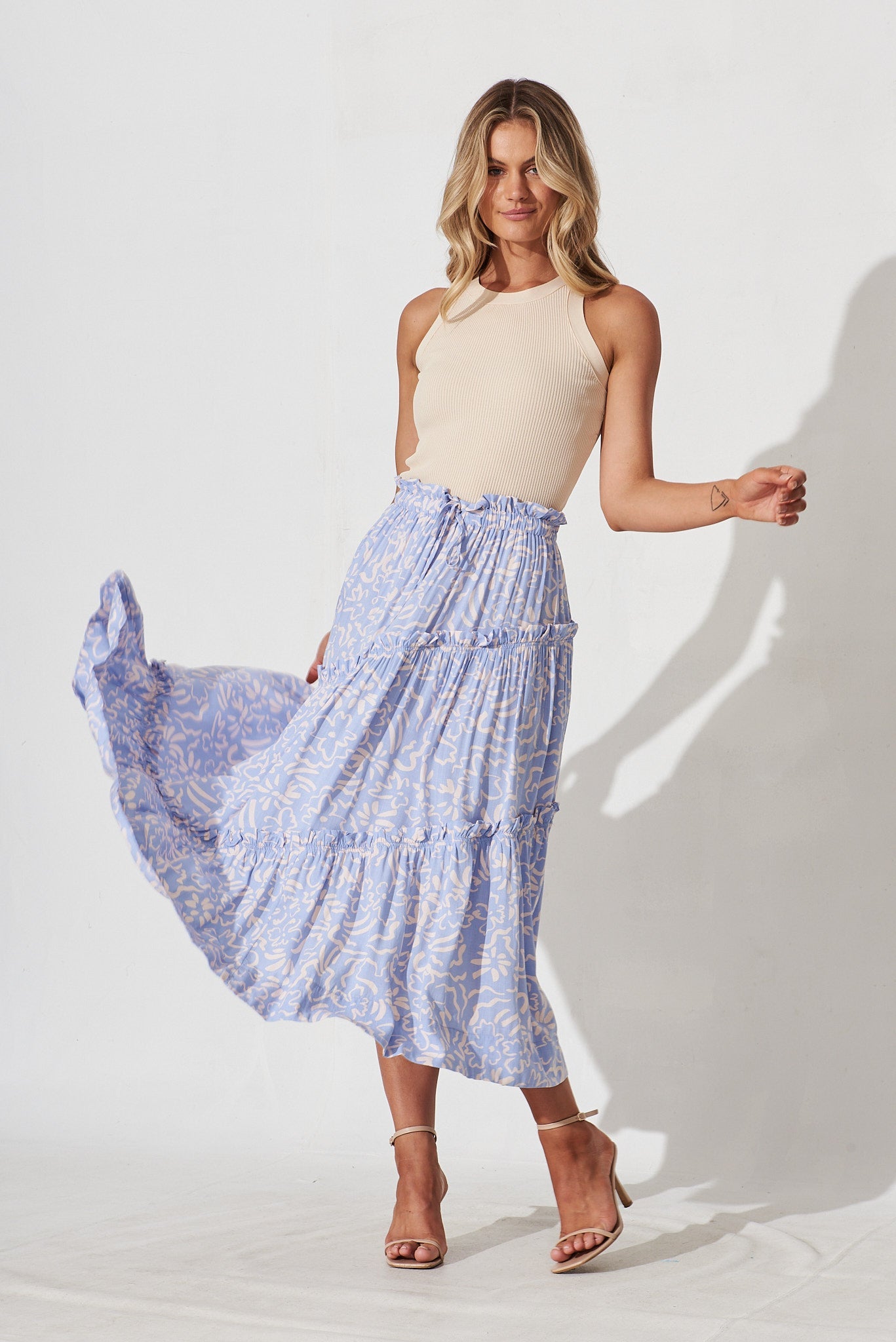 Varda Maxi Skirt In Blue With Blush Floral Linen Blend - full length