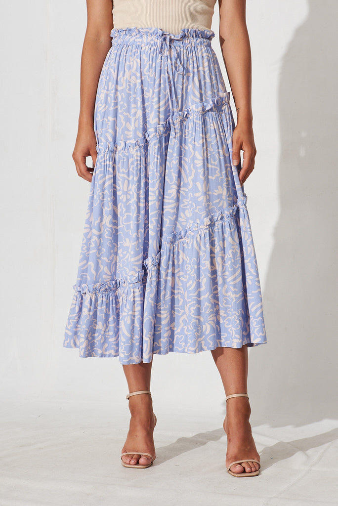 Varda Maxi Skirt In Blue With Blush Floral Linen Blend - front