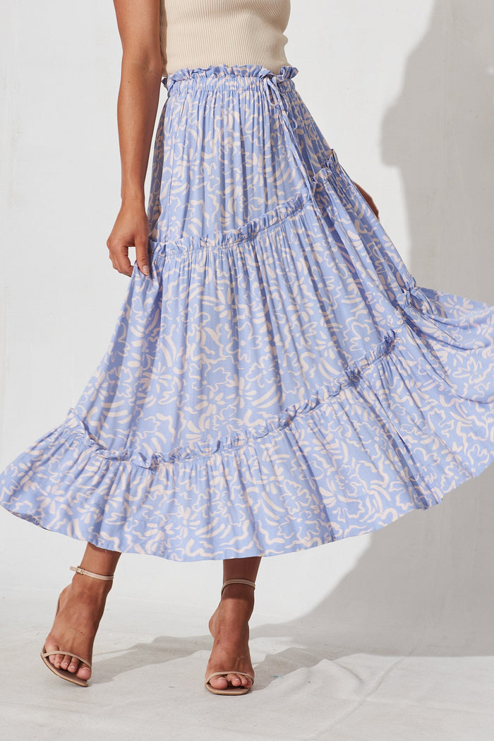 Varda Maxi Skirt In Blue With Blush Floral Linen Blend - front