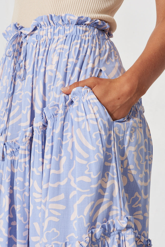 Varda Maxi Skirt In Blue With Blush Floral Linen Blend - detail
