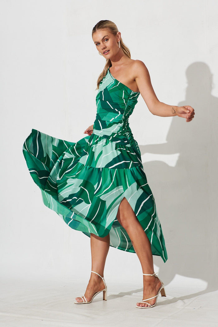 Berlyn Off Shoulder Maxi Dress Green Multi Print - full length