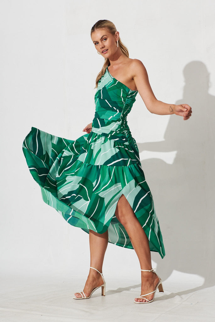 Berlyn Off Shoulder Maxi Dress Green Multi Print - full length