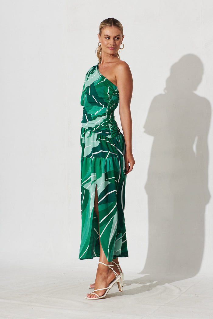 Berlyn Off Shoulder Maxi Dress Green Multi Print - left side