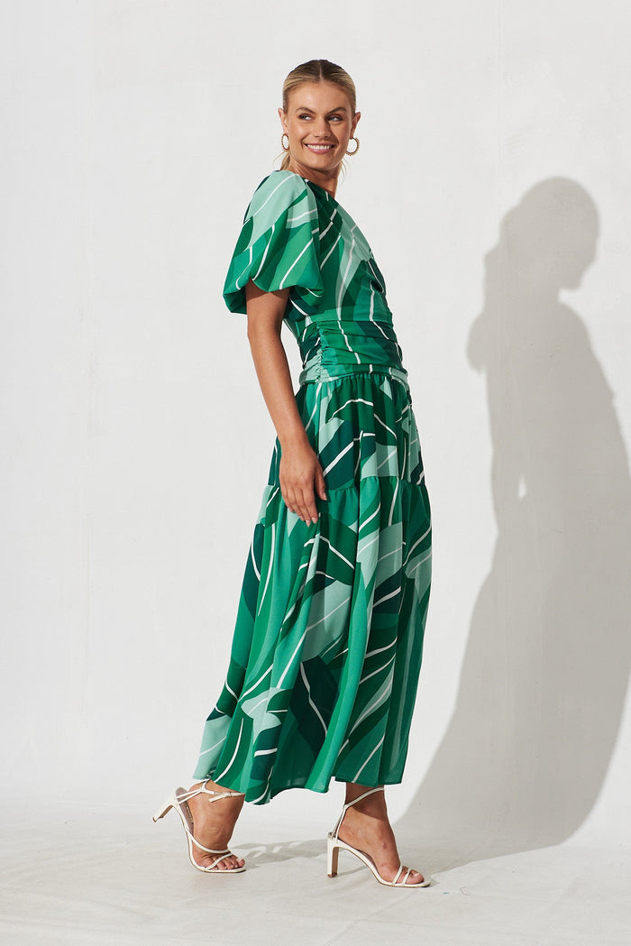 Berlyn Off Shoulder Maxi Dress Green Multi Print - right side