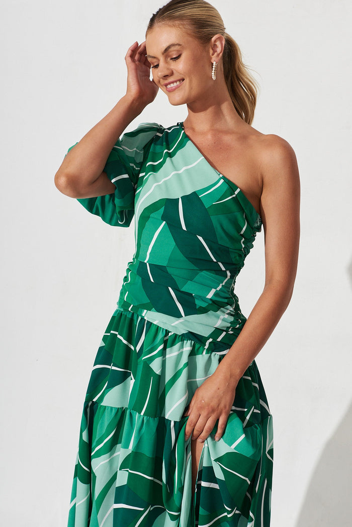 Berlyn Off Shoulder Maxi Dress Green Multi Print - front