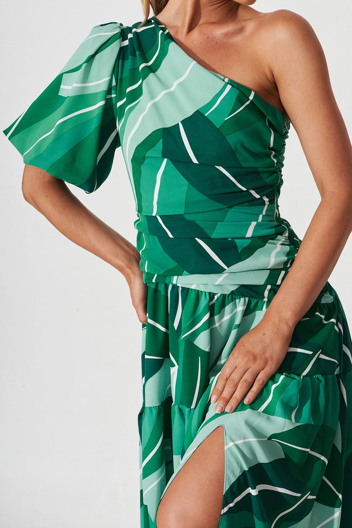 Berlyn Off Shoulder Maxi Dress Green Multi Print - detail