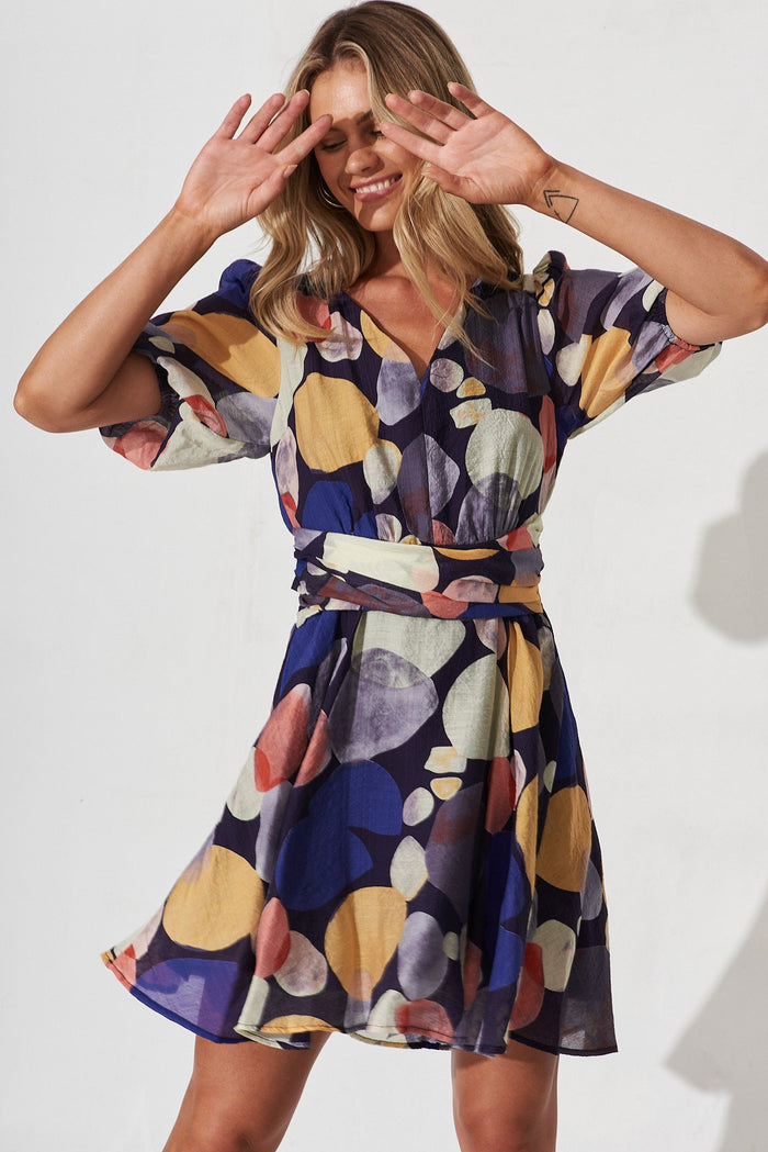 Belva Dress In Navy With Multi Print - front