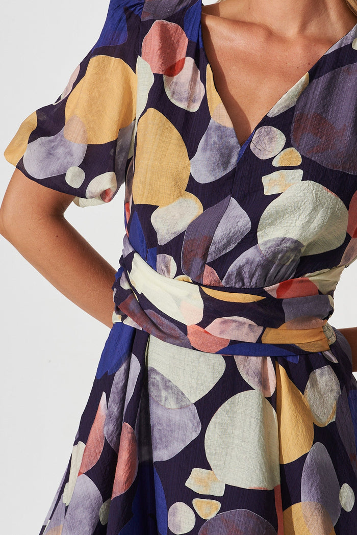 Belva Dress In Navy With Multi Print - detail