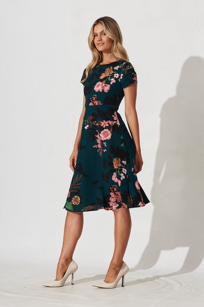 Tullamore Midi Dress In Green With Pink And Black Floral - side
