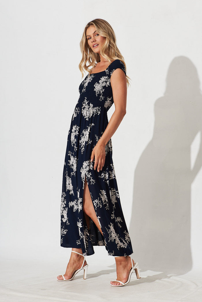 Under The Sun Midi Dress In Navy With Beige Floral - side