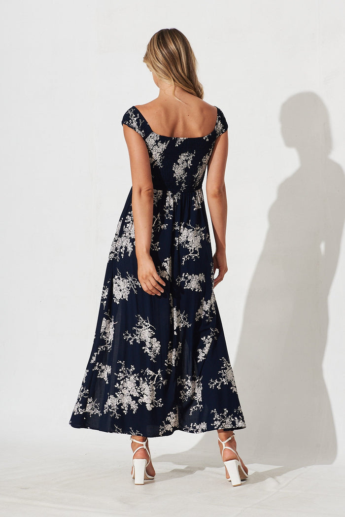 Under The Sun Midi Dress In Navy With Beige Floral - back