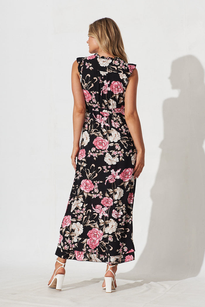Wolverhampton Maxi Dress In Black With Pink Floral - back