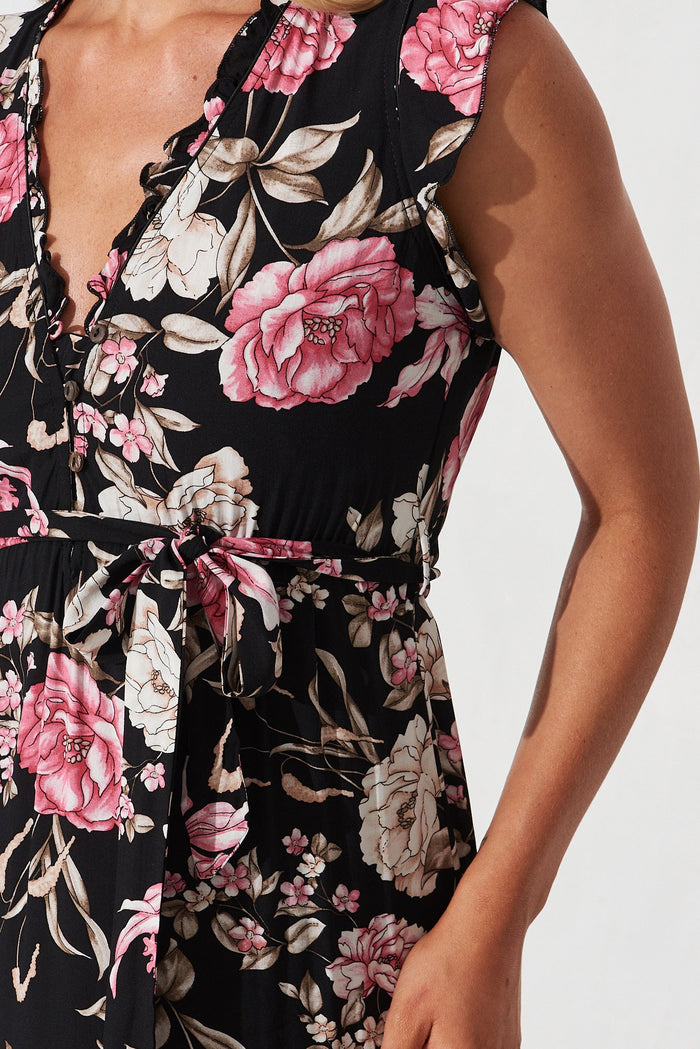 Wolverhampton Maxi Dress In Black With Pink Floral - detail