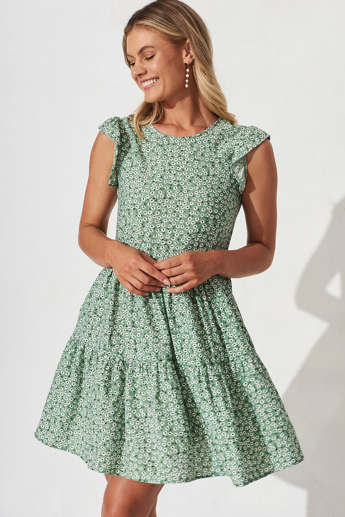 Springwood Smock Dress In Green With White Floral - front