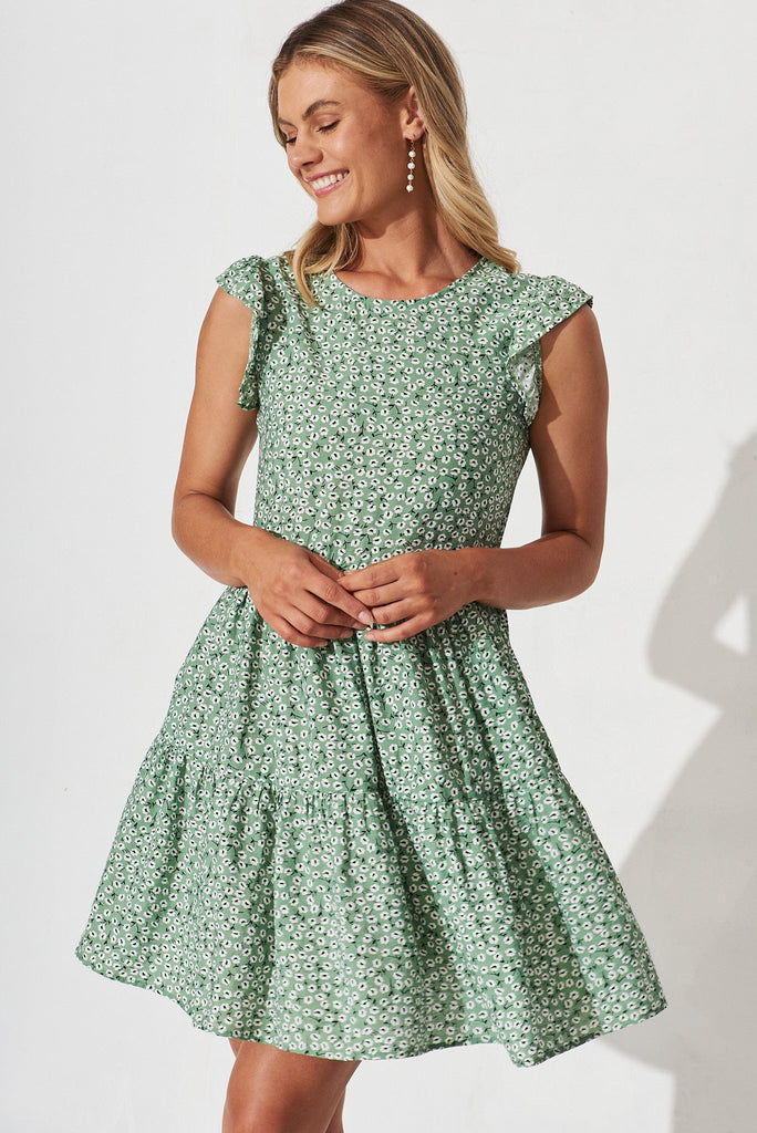 Springwood Smock Dress In Green With White Floral - front
