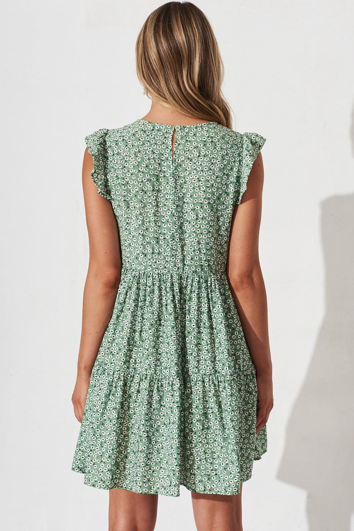 Springwood Smock Dress In Green With White Floral - back