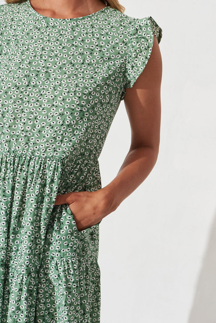 Springwood Smock Dress In Green With White Floral - detail