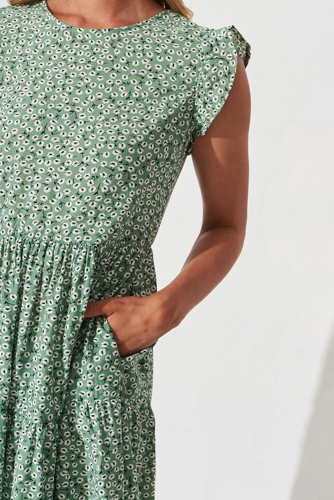 Springwood Smock Dress In Green With White Floral - detail