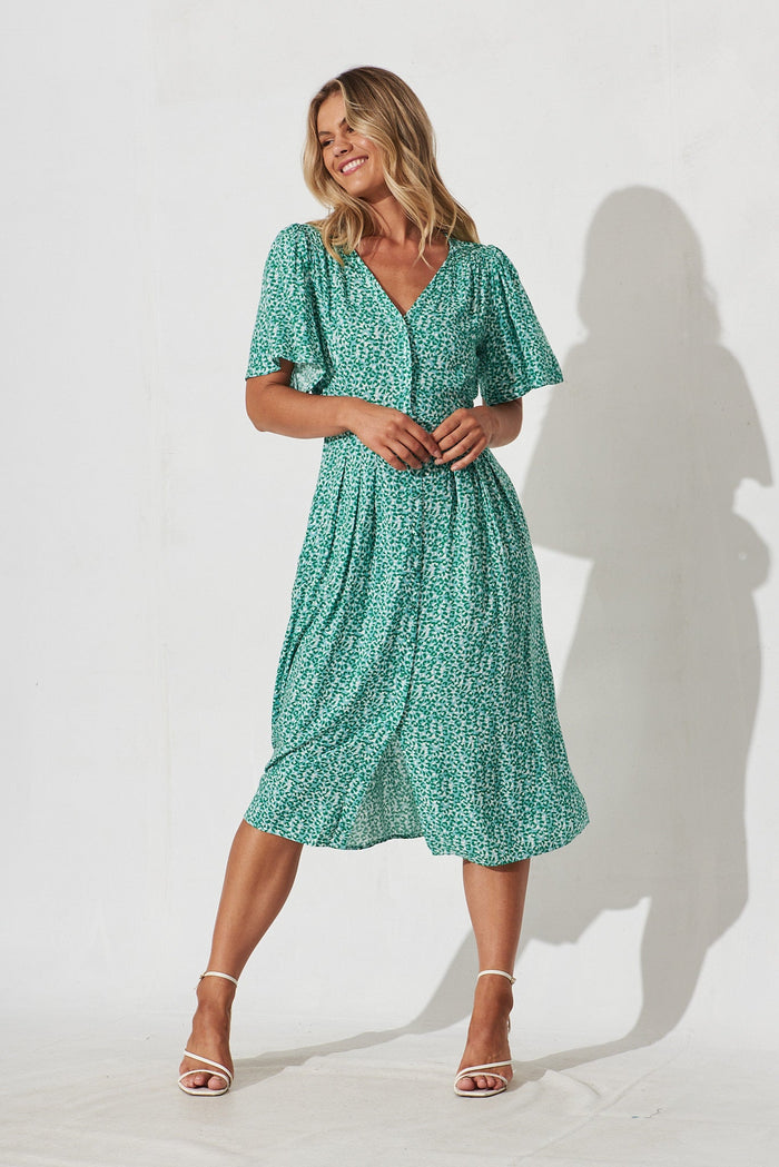 Walcha Midi Dress In Green With White Leopard Print - full length