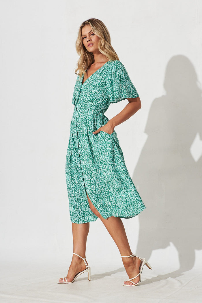 Walcha Midi Dress In Green With White Leopard Print - side