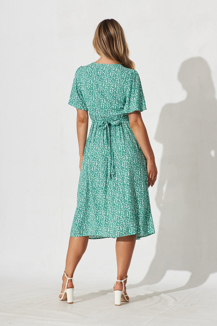 Walcha Midi Dress In Green With White Leopard Print - back