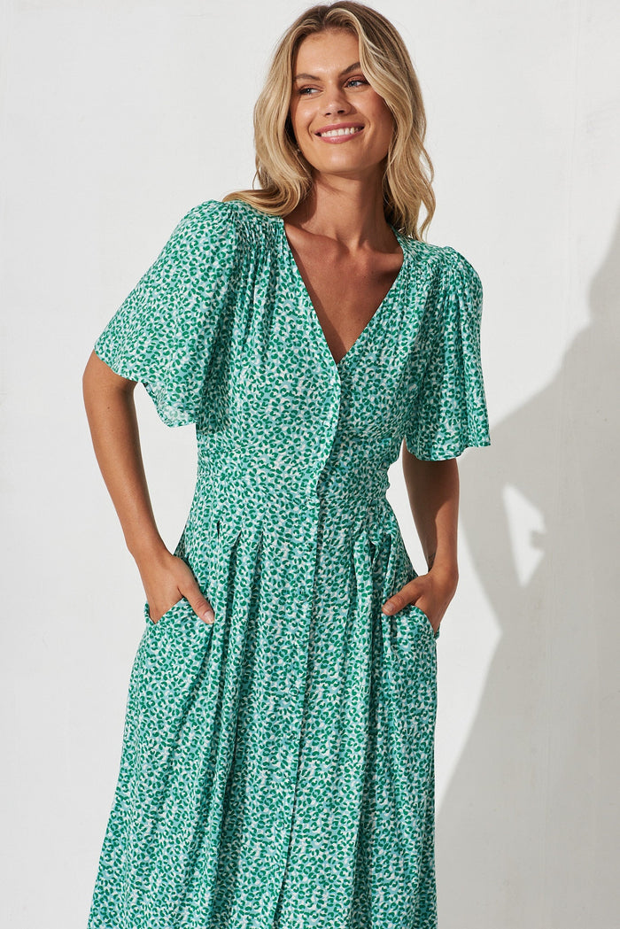 Walcha Midi Dress In Green With White Leopard Print - front