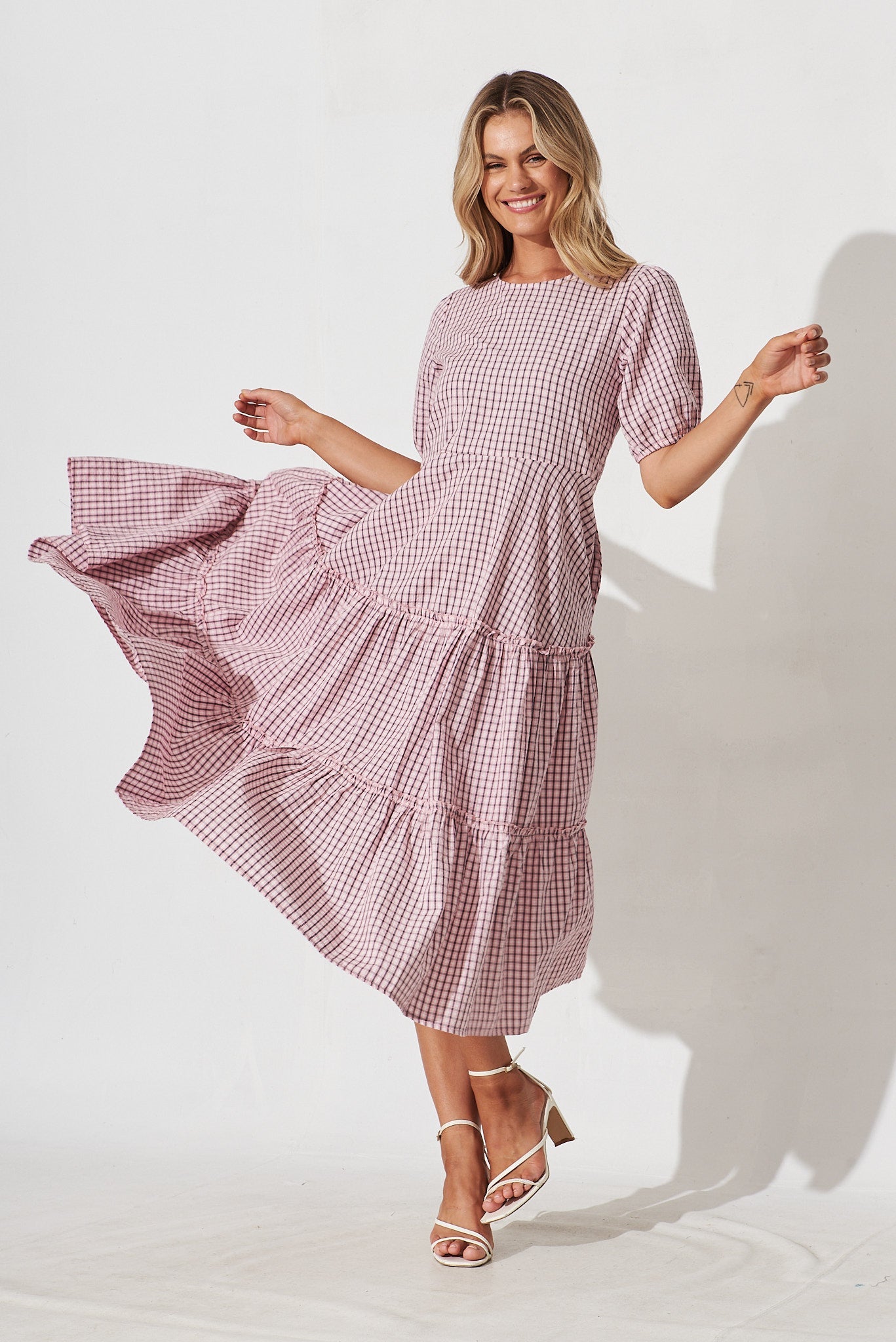Ellalong Midi Dress In Pink With Black Check - full length