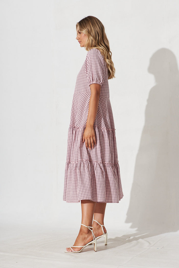 Ellalong Midi Dress In Pink With Black Check - side