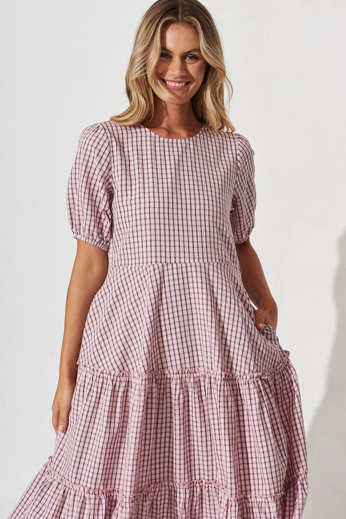 Ellalong Midi Dress In Pink With Black Check - front